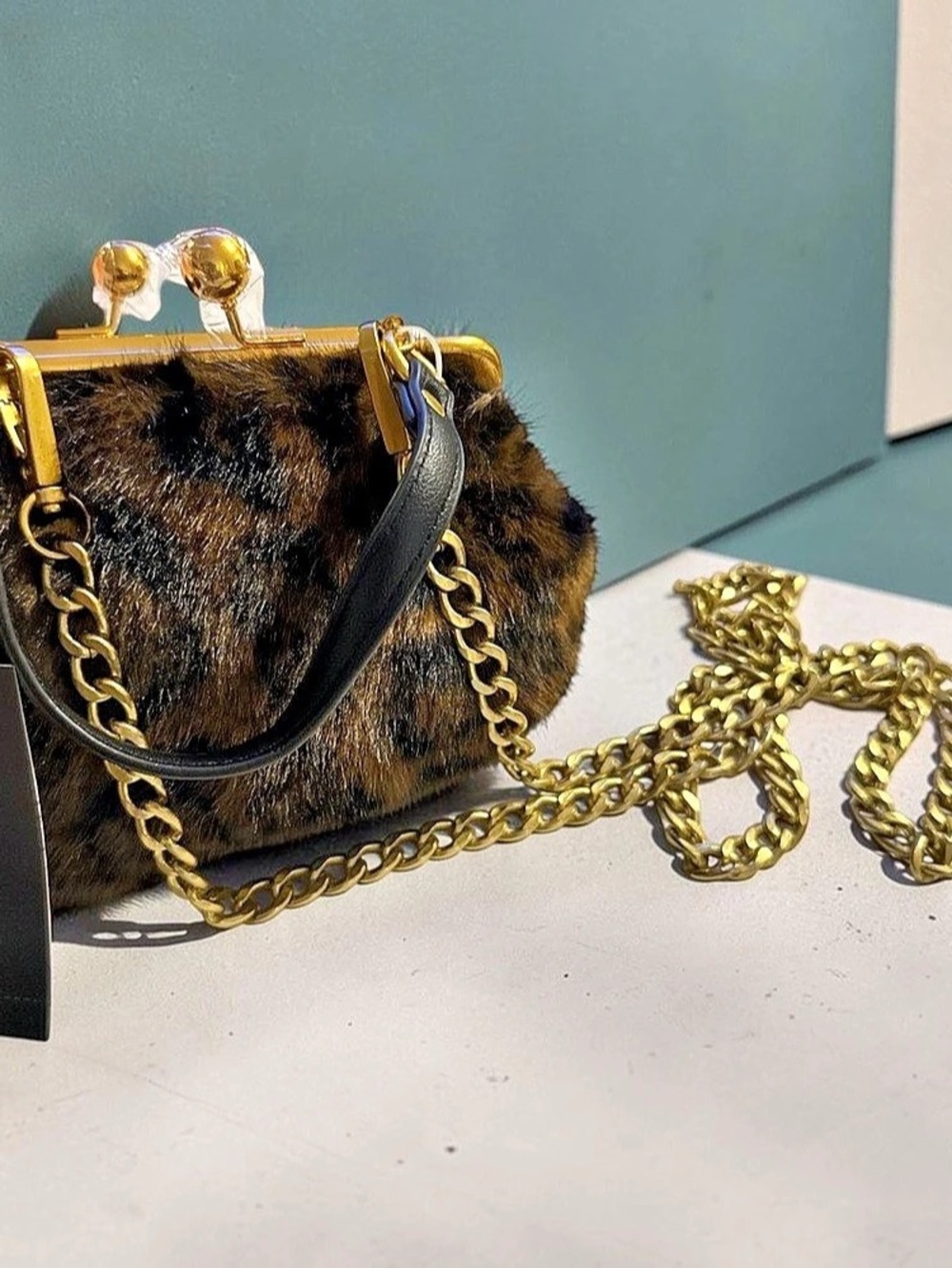 madden girl Leopard Faux Fur Kisslock Crossbody Bag